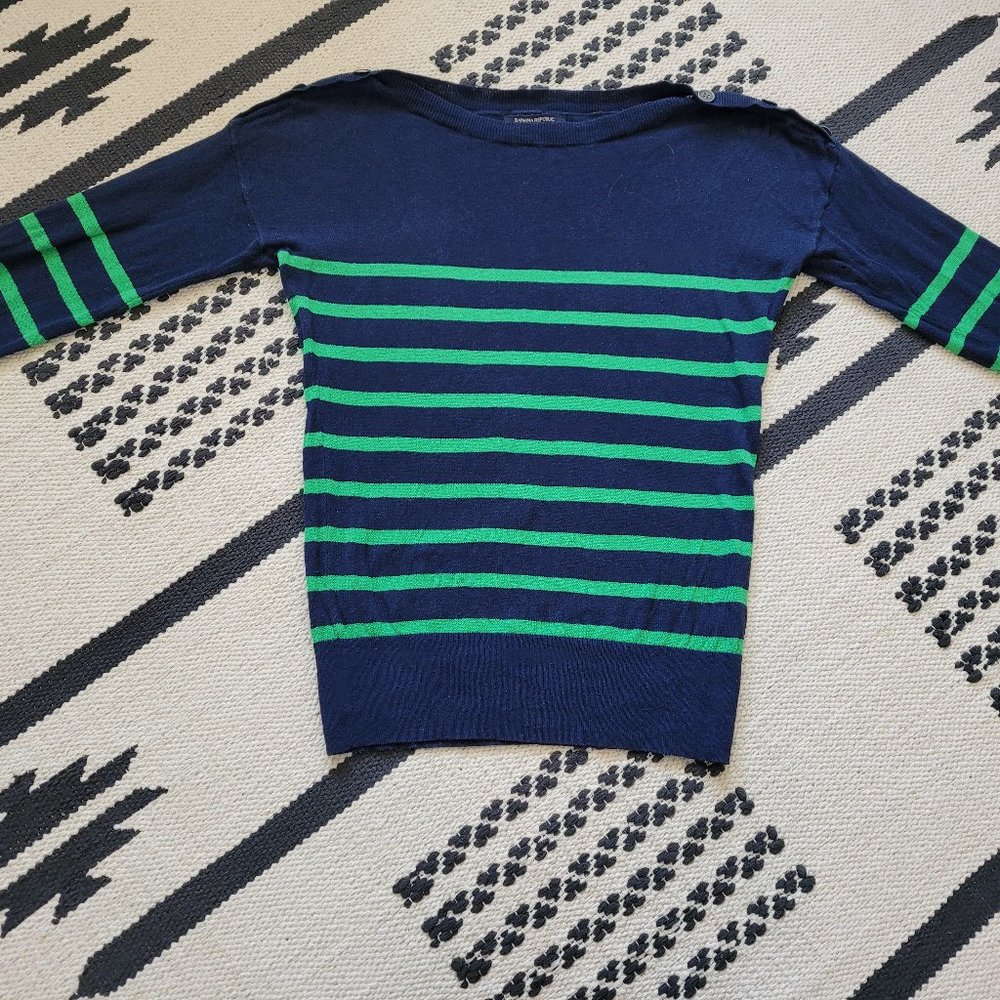Banana Republic Lightweight Cotton Sweater Navy Emerald Green Stripes Size XS